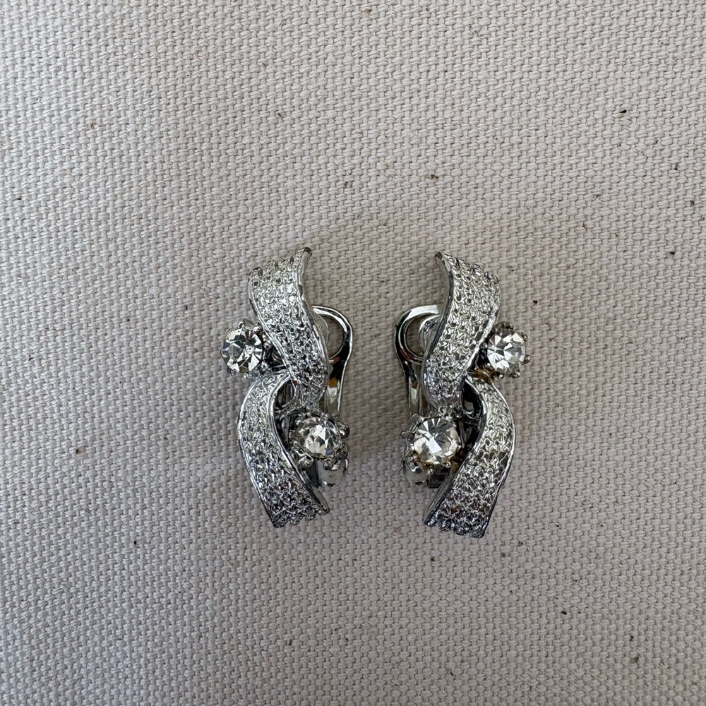 Vintage Silver-Toned Crystal Ribbon Clip-On Earrings - Unsigned